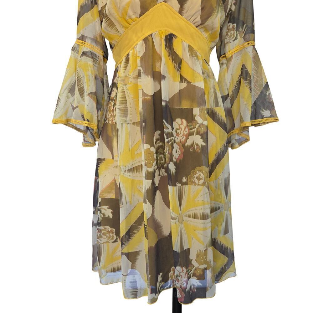 Vintage 90s does 70s biyaycda Dress Size 10 Yellow Boho Bell Sleeve Chiffon - Picture 4 of 9